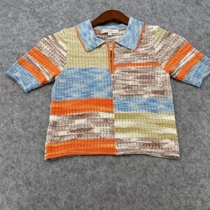 Flat White Colorblock Striped Quarter Zip Knit Polo Top Blue Orange WT965Z Small